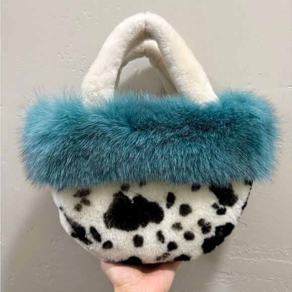 Colorblock Handmade Real Fox Fur & Shearling leather Top Handles Bag/Multi Use - Picture 1 of 16